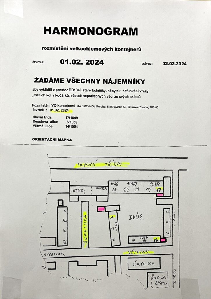 Harmonogram přistavení velkoobjemových kontejnerů

od 1.2.2024 do 2.2.2024

Žádáme všechny nájemníky aby vyklidili své staré ledničky, nábytek nebo nefunkční vraky z prostor BD1048.